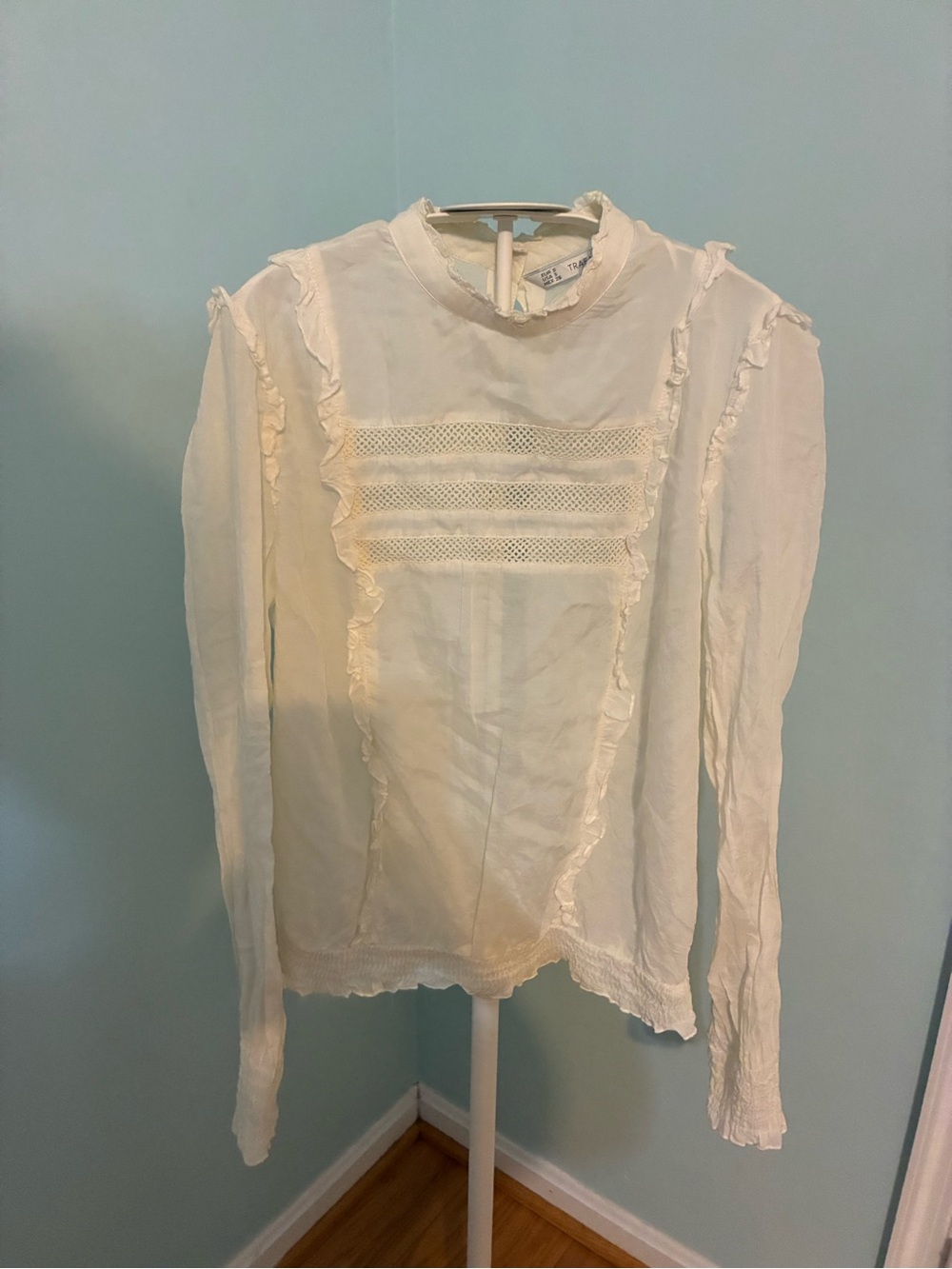 Zara Cream Ruffle Lace-Panel Crochet Long Sleeve Top